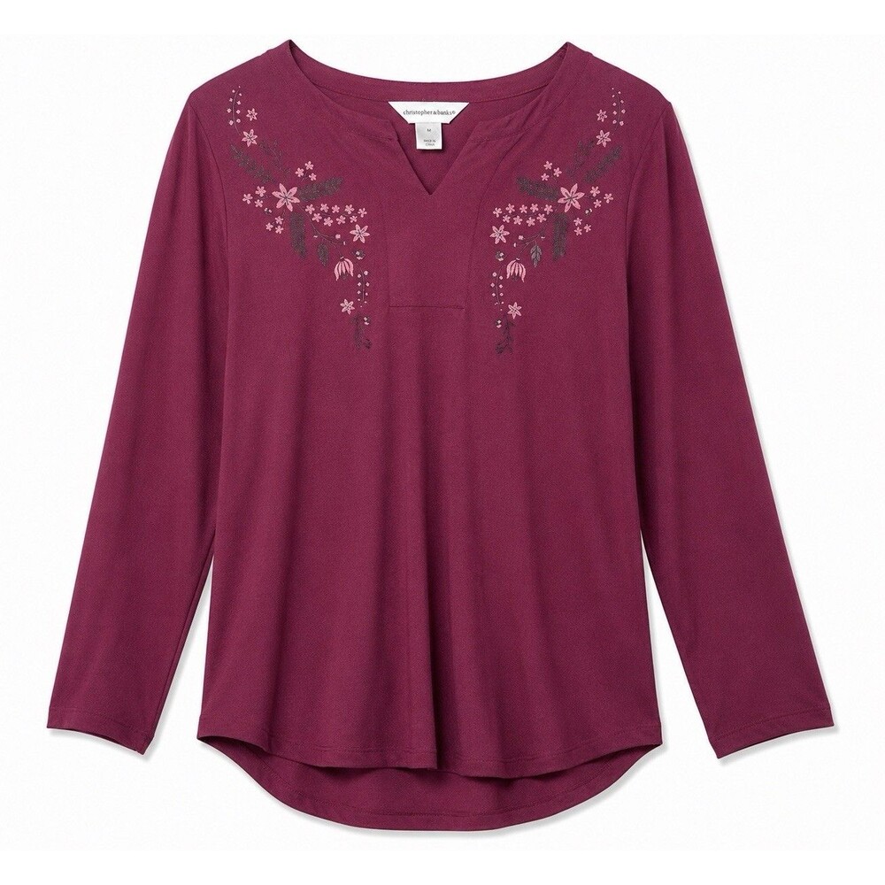 Christopher & Banks Women’s Long Sleeve Floral Stitch Blouse Burgundy Size (M)